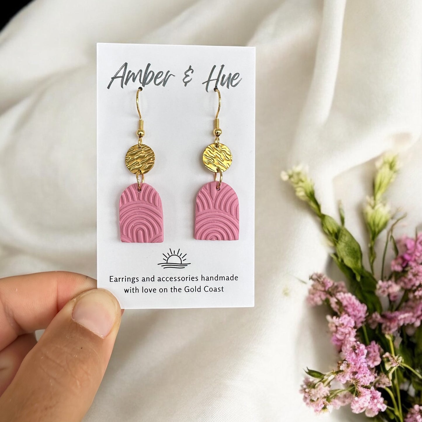 Pink Textured Arch Hook Earrings With Gold Dainty Disk