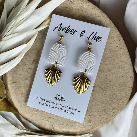 Gold Charm White Textured Dangle Earrings