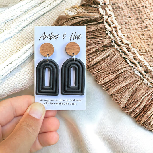 Arch Dangle earrings with Wooden Stud Post Black