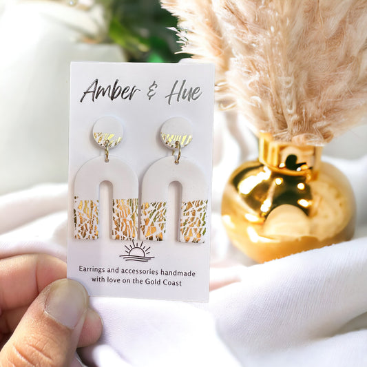Statement Arch White and Gold Dangle Earrings