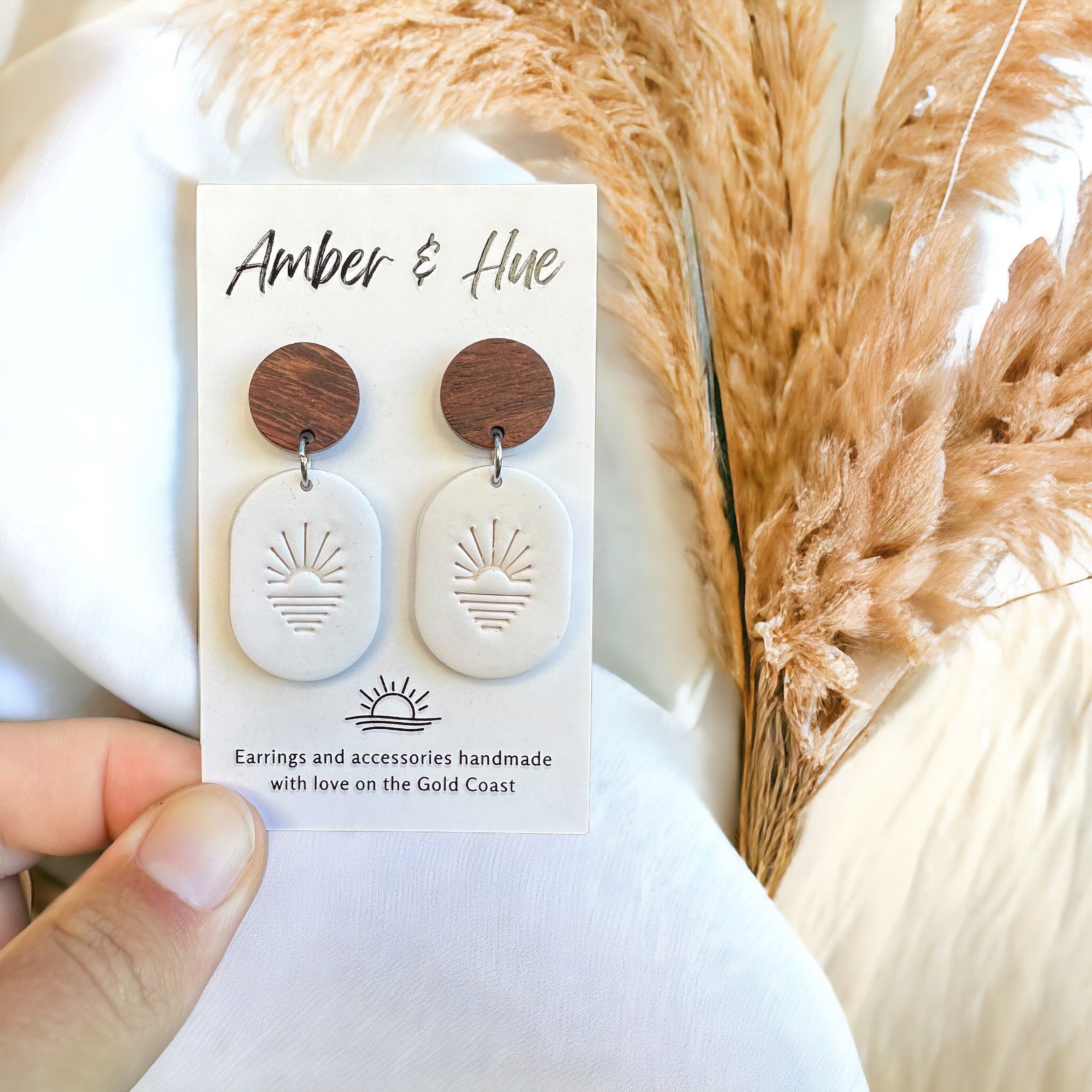 Sunset Imprint White Dangle Earrings With Wooden Stud Post