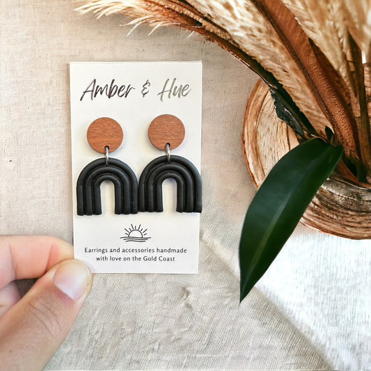 Rainbow Arch Earrings With Wood Stud Post Black