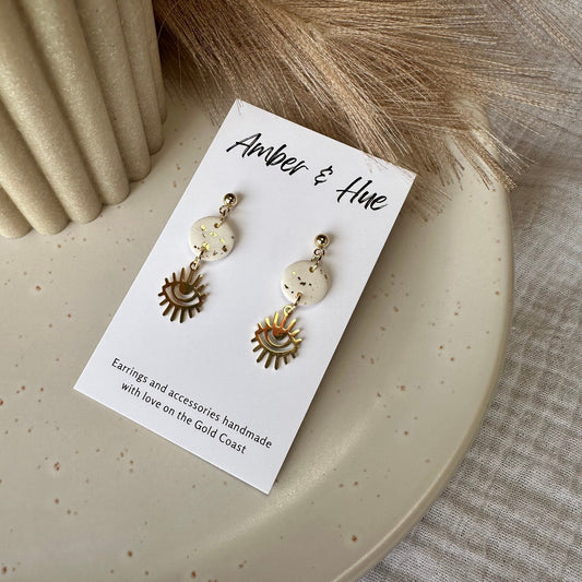Eye Charm Dangle Earrings White & Gold