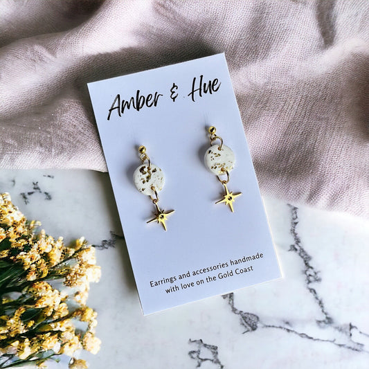 Star Charm Dangle Earrings White & Gold